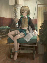 Rule 34 | 1girl, arm support, asatsugutori, bandaged arm, bandages, barefoot, cable, cardigan, child, collared shirt, full body, gradient hair, green eyes, green hair, hibari (asatsugutori), highres, indoors, jacket, jewelry, light brown hair, looking at viewer, multicolored hair, necklace, official art, open clothes, open jacket, parted lips, shion (mirudakemann), shirt, short hair, short shorts, shorts, sitting, solo, stretcher