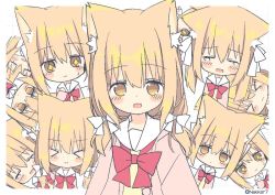 Rule 34 | + +, 1girl, :d, animal ear fluff, animal ears, blush stickers, bow, brown eyes, brown hair, chibi, commentary request, hair bow, jacket, long hair, looking at viewer, low twintails, miike-chan, multiple views, nakkar, open clothes, open jacket, open mouth, original, pink jacket, red bow, sailor collar, school uniform, serafuku, shirt, smile, twintails, twitter username, white background, white bow, white sailor collar, yellow shirt