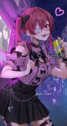 Rule 34 | 1girl, artist name, black bow, black skirt, black thighhighs, bow, can, city, cross, cross earrings, drink can, drinking straw, earrings, eto sister, eyepatch, heart, highres, hiodoshi ao, hololive, hololive dev is, houshou marine, jewelry, jirai kei, looking at viewer, medical eyepatch, neon lights, night, night sky, pink shirt, red eyes, shirt, sketch, skirt, sky, smile, thighhighs, thighs, virtual youtuber