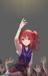 Rule 34 | 1girl, 6+others, absurdres, arm up, coin, fingernails, grey background, hair bobbles, hair ornament, highres, looking up, medium hair, multiple others, obi, onozuka komachi, open hand, out of frame, outstretched hand, parted lips, puffy short sleeves, puffy sleeves, reaching, red eyes, red hair, sad, sash, short sleeves, shouko (airen), silhouette, solo focus, sparkle, touhou, two side up