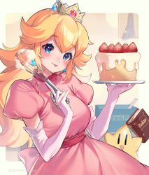 Rule 34 | 1girl, baking, blonde hair, blue eyes, blush, breasts, cake, cookbook, cooking, crown, dress, elbow gloves, food, gem, gloves, highres, holding, holding food, icing, large breasts, looking at viewer, mario (series), nintendo, paper mario, paper mario 64, princess peach, shuri (84k), soap, strawberry shortcake, tongue, tongue out, twink (paper mario), whisk