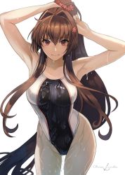 Rule 34 | 1girl, adjusting hair, armpits, breasts, brown hair, closed mouth, collarbone, commentary request, competition swimsuit, hair intakes, hair lift, hand in own hair, hands in hair, holding, holding own hair, kantai collection, kasumi (skchkko), large breasts, long hair, looking at viewer, one-piece swimsuit, partially submerged, ponytail, red eyes, sidelocks, simple background, smile, solo, swimsuit, two-tone swimsuit, tying hair, very long hair, wet, white background, yamato (kancolle)