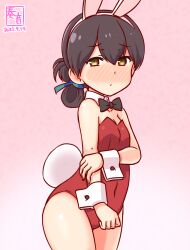 Rule 34 | 1girl, alternate costume, animal ears, artist logo, bare shoulders, black hair, blush, breasts, brown eyes, cleavage, covered navel, cowboy shot, detached collar, fake animal ears, folded ponytail, gradient background, hair ribbon, kanon (kurogane knights), kantai collection, kasuga maru (kancolle), leotard, long hair, looking at viewer, one-hour drawing challenge, pink background, playboy bunny, rabbit ears, rabbit tail, red leotard, ribbon, small breasts, smile, solo, strapless, strapless leotard, tail, wrist cuffs