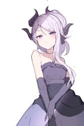 Rule 34 | 1girl, black horns, blue archive, blush, demon horns, dress, elbow gloves, gloves, grey hair, highres, hina (blue archive), hina (dress) (blue archive), horns, jewelry, kagerou (gigayasoma), long hair, looking at viewer, multiple horns, necklace, official alternate costume, official alternate hairstyle, pendant, purple dress, purple eyes, purple gloves, simple background, solo, strapless, strapless dress, white background