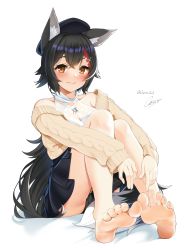 Rule 34 | 1girl, animal ear fluff, animal ears, bare shoulders, barefoot, black hair, black skirt, blush, brown eyes, casino (casinoep), closed mouth, commentary request, feet, foot focus, foreshortening, hair between eyes, hair ornament, hat, highres, hololive, long hair, long sleeves, looking at viewer, multicolored hair, ookami mio, ookami mio (street), open mouth, presenting foot, red hair, signature, simple background, sitting, skirt, smile, soles, solo, streaked hair, tail, toes, twitter username, very long hair, virtual youtuber, white background, wolf ears, wolf girl, wolf tail, x hair ornament