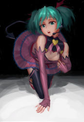 Rule 34 | 1girl, all fours, alternate hair length, alternate hairstyle, aqua eyes, aqua hair, bare shoulders, breasts, cleavage cutout, cleavage reach, clothing cutout, demon tail, doyora, elbow gloves, fingerless gloves, gloves, hatsune miku, headset, heart cutout, heart hunter, looking at viewer, project diva, project diva (series), short twintails, small breasts, solo, tail, twintails, vocaloid