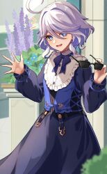 Rule 34 | 1girl, :d, absurdres, ahoge, blue bow, blue bowtie, blue dress, blue eyes, blurry, blurry foreground, bow, bowtie, colored inner hair, dress, furina (genshin impact), genshin impact, grey hair, hair between eyes, hair intakes, highres, holding, holding removed eyewear, long dress, long hair, long sleeves, looking at viewer, mismatched pupils, multicolored hair, open mouth, outdoors, purple hair, reia hana, smile, solo, sunglasses, symbol-shaped pupils, underbust, unworn eyewear, waving