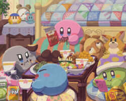 Rule 34 | bandana waddle dee, blue eyes, blush stickers, bottle, bowl, character doll, clock, closed eyes, closed mouth, cookie, cup, elfilin, fanta, food, jagariko, kirby, kirby (series), matcha (food), miclot, milk, nightstand, nintendo, no humans, open mouth, pink footwear, pocky, shadow kirby, shoes, smile, table, teacup