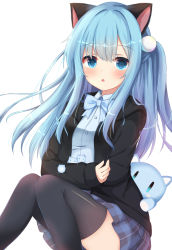Rule 34 | 1girl, animal ears, black jacket, black thighhighs, blue bow, blue eyes, blue hair, blue shirt, borrowed character, bow, breasts, cat ears, collared shirt, commentary request, dress shirt, feet out of frame, grey skirt, highres, hood, hood down, hooded jacket, jacket, kedama (kedama akaza), knees together feet apart, knees up, long hair, long sleeves, looking at viewer, nekoha shizuku, one side up, open clothes, open jacket, original, plaid, plaid skirt, pleated skirt, shirt, simple background, sitting, skirt, sleeves past wrists, small breasts, solo, stuffed animal, stuffed cat, stuffed toy, thighhighs, very long hair, white background