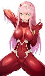 Rule 34 | 10s, 1girl, :p, arm behind head, bodysuit, candy, commentary, covered navel, darling in the franxx, english commentary, eyeshadow, food, green eyes, hairband, hand up, highres, horns, impossible bodysuit, impossible clothes, lollipop, long hair, looking at viewer, makeup, pink hair, red bodysuit, simple background, solo, sookmo, spread legs, tongue, tongue out, white background, zero two (darling in the franxx)
