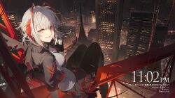 Rule 34 | 1girl, antennae, arknights, black gloves, black jacket, black pantyhose, black skirt, building, cityscape, commentary, cropped jacket, fingerless gloves, from behind, full body, gloves, grey shirt, grin, highres, horns, index finger raised, jacket, kuroduki (pieat), looking at viewer, looking back, night, open clothes, open jacket, outdoors, pantyhose, red eyes, red horns, red nails, shirt, short hair, sitting, skirt, skyscraper, smile, solo, timestamp, translation request, truss, w (arknights), white hair