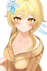 Rule 34 | 1girl, blonde hair, blurry, blush, breasts, cleavage, closed mouth, dot nose, feather hair ornament, feathers, flower, genshin impact, hair flower, hair ornament, highres, looking at viewer, lumine (genshin impact), medium breasts, orange sweater, short hair with long locks, sigggrain, simple background, solo, sweater, upper body, white background, yellow eyes