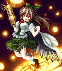 Rule 34 | 1girl, arm cannon, asymmetrical clothes, asymmetrical footwear, bow, breasts, brown hair, cape, female focus, hair bow, highres, large breasts, long hair, mismatched footwear, red eyes, reiuji utsuho, sakimori dan, solo, touhou, weapon, wings
