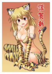 Rule 34 | 1girl, animal ears, animal print, bikini, bikini top only, blonde hair, blush, breasts, cleavage, extra ears, kuronyan, large breasts, looking at viewer, open mouth, original, shiny skin, sitting, skindentation, solo, swimsuit, tail, thighhighs, tiger ears, tiger print, tiger tail