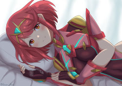 Rule 34 | 1girl, absurdres, black gloves, breasts, chest jewel, earrings, fingerless gloves, gloves, headpiece, highres, jewelry, large breasts, lying, pyra (xenoblade), red eyes, red hair, ryochan96154, short hair, solo, swept bangs, tiara, xenoblade chronicles (series), xenoblade chronicles 2