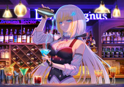 Rule 34 | 1girl, alcohol, bare shoulders, bartender, black gloves, black vest, blonde hair, blue eyes, blurry, blurry background, blush, breasts, ceiling light, cleavage cutout, clothing cutout, cocktail glass, copyright request, cup, decantering, depth of field, detached sleeves, drinking glass, fingerless gloves, fingernails, gloves, grin, hair ornament, highres, holding, large breasts, long hair, looking at viewer, low twintails, multicolored hair, nail polish, smile, solo, twintails, two-tone hair, vest, virtual youtuber, white hair, yellow nails, zhen lu