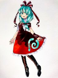 Rule 34 | 1girl, :d, absurdres, aqua eyes, aqua hair, bad id, bad pixiv id, black footwear, blush, boots, commentary request, dress, frilled dress, frills, front ponytail, full body, hair ribbon, highres, kagiyama hina, long hair, looking at viewer, marker (medium), open mouth, puffy short sleeves, puffy sleeves, red dress, red ribbon, ribbon, sasa kichi, short sleeves, smile, solo, touhou, traditional media, wristband