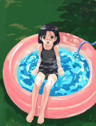 Rule 34 | 1girl, barefoot, black one-piece swimsuit, feet, grass, natori (natorism), one-piece swimsuit, outdoors, school swimsuit, solo, swimsuit, toes, wading pool