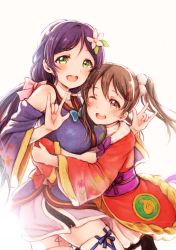 Rule 34 | 10s, 2girls, :d, ;d, \m/, bare shoulders, black hair, detached sleeves, double \m/, flower, gradient background, green eyes, hair flower, hair ornament, highres, japanese clothes, kimono, lilylion26, love live!, love live! school idol festival, love live! school idol project, multiple girls, one eye closed, open mouth, purple hair, red eyes, smile, thighhighs, tojo nozomi, twintails, yazawa nico