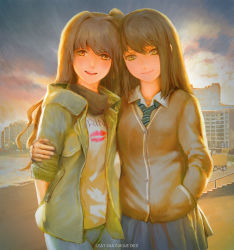 Rule 34 | 2girls, aqua necktie, beach, blue pants, blue skirt, brown eyes, brown hair, brown jacket, building, buttons, character request, closed mouth, collared shirt, commentary request, diagonal stripes, evening, green jacket, hand in pocket, holding another&#039;s arm, idolmaster, jacket, latin text, lipstick mark, long hair, long sleeves, looking at viewer, multiple girls, necktie, open mouth, outdoors, pants, pleated skirt, railing, scarf, school uniform, shibuya rin, shimamura uzuki, shirt, skirt, smile, stairs, standing, striped neckwear, sunlight, t-shirt, white shirt, wing collar, xianggang jizhe, yellow eyes, yuri