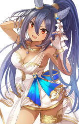 Rule 34 | 1girl, animal ears, arm up, armpits, bare shoulders, black hair, blue nails, blush, breasts, cherry blossoms, cleavage, commentary request, dark-skinned female, dark skin, dress, ear covers, fang, gem, gold bracelet, gold necklace, hair between eyes, hanamura pink, highres, hishi amazon (hungry veil) (umamusume), hishi amazon (umamusume), horse ears, horse girl, jewelry, long hair, medium breasts, necklace, nontraditional wedding dress, official alternate costume, ponytail, red eyes, simple background, smile, solo, umamusume, upper body, very long hair, wedding dress, white background, white dress