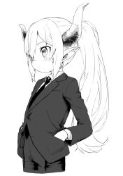 Rule 34 | 1girl, emma august, female focus, formal, greyscale, hands in pockets, highres, horns, monochrome, necktie, nijisanji, pointy ears, ponytail, satsuyo, solo, suit