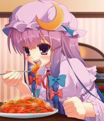 Rule 34 | 1girl, blush, bow, crescent, eating, food, hair bow, hat, iroha tooko, long hair, open mouth, pasta, patchouli knowledge, purple eyes, purple hair, solo, spaghetti, touhou