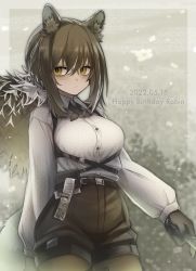 Rule 34 | 1girl, 3 (sanyako1), absurdres, animal ear fluff, animal ears, arknights, bags under eyes, barcode, belt, black gloves, black shorts, blouse, breasts, brown hair, brown pantyhose, character name, closed mouth, collared shirt, cross tie, dated, gloves, grey background, happy birthday, high-waist shorts, highres, holding, large breasts, pantyhose under shorts, long hair, long sleeves, looking at viewer, pantyhose, ponytail, puffy long sleeves, puffy sleeves, raccoon ears, robin (arknights), shirt, shorts, sidelocks, solo, underbust, white shirt, yellow eyes