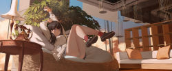 Rule 34 | 1girl, antique phone, arms up, bare legs, birdcage, black footwear, black hair, cage, cardigan, chinese commentary, commentary request, couch, crossed legs, full body, gridman universe, highres, indoors, lamp, legs, legs up, long hair, long sleeves, looking at viewer, panties, pantyshot, parted lips, phone, pillow, plant, purple eyes, red socks, ribao, rotary phone, scrunchie, shoes, sitting, socks, solo, ssss.gridman, table, takarada rikka, underwear, white cardigan, white panties, wrist scrunchie