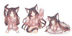 Rule 34 | &gt;:), 1girl, animal ear fluff, animal ears, bare shoulders, beamed eighth notes, black hair, bottomless, brown eyes, brown hair, brown sweater, cat ears, cat girl, cat tail, closed mouth, collarbone, cropped legs, daidai ookami, fang, fang out, groin, leaning forward, long hair, long sleeves, multicolored hair, multiple views, musical note, off-shoulder sweater, off shoulder, open mouth, original, quarter note, ribbed sweater, shadow, sleeves past fingers, sleeves past wrists, smile, standing, sweater, tail, tail censor, two-tone hair, v-shaped eyebrows, very long hair, white background