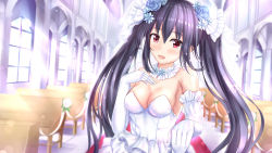 Rule 34 | 2girls, absurdres, bare shoulders, black hair, blush, bouquet, breasts, bridal veil, bride, dress, elbow gloves, flower, formal, gloves, hair flower, hair ornament, highres, long hair, looking at viewer, multiple girls, muwa12, neptune (series), noire (neptunia), open mouth, red eyes, smile, solo, strapless, strapless dress, tears, twintails, veil, very long hair, wedding dress, white dress, white gloves