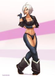 Rule 34 | 1girl, angel (kof), breasts, hybridmink, large breasts, midriff, revealing clothes, solo, the king of fighters, white hair
