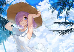 Rule 34 | 1girl, absurdres, alternate costume, armpits, arms up, ayul (ayulneri 92), blue sky, blush, breasts, closed mouth, day, dress, fate/grand order, fate (series), hair over one eye, hat, hat ribbon, highres, large breasts, light purple hair, looking at viewer, mash kyrielight, palm tree, purple eyes, purple hair, revision, ribbon, sky, smile, solo, straw hat, tree, white dress, white ribbon