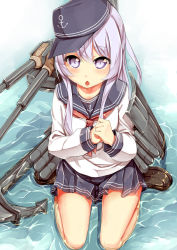 Rule 34 | 10s, 1girl, anchor, anchor symbol, blue skirt, blush, hat, hibiki (kancolle), highres, kantai collection, light purple hair, long hair, long sleeves, looking at viewer, machinery, neckerchief, open mouth, packge, pleated skirt, purple eyes, sailor collar, school uniform, seiza, serafuku, sitting, skirt, solo, wading, wet, wet clothes