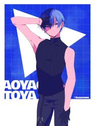 Rule 34 | 1boy, aoyagi touya, arm at side, arm up, black gloves, black shirt, blue eyes, blue hair, character name, closed mouth, commentary, cowboy shot, dark blue hair, ear piercing, earrings, english commentary, gloves, highres, jewelry, looking at viewer, male focus, multicolored hair, piercing, project sekai, shirt, short hair, sleeveless, sleeveless turtleneck, solo, split-color hair, teacrown, turtleneck, twitter username, two-tone hair