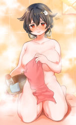 Rule 34 | 1girl, armpit crease, artist name, barefoot, black hair, blush, bottle, breasts, bucket, collarbone, completely nude, convenient censoring, covering privates, curvy, dated, groin, hair between eyes, hair flaps, hair ornament, highres, jingei (kancolle), kantai collection, kirisawa juuzou, large breasts, long hair, looking at viewer, nipples, nose blush, nude, nude cover, parted lips, red eyes, sitting, smile, solo, steam, tile wall, tiles, towel, wooden bucket
