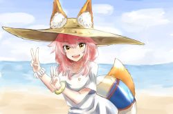 Rule 34 | 1girl, animal ear fluff, animal ears, bracelet, breasts, collarbone, day, double v, ears through headwear, fate/grand order, fate (series), fox ears, fox tail, hat, highres, innertube, jewelry, large breasts, ocean, open mouth, outdoors, pink hair, riku hamano, shirt, straw hat, swim ring, tail, tamamo (fate), tamamo no mae (fate/extra), tamamo no mae (swimsuit lancer) (fate), tamamo no mae (swimsuit lancer) (first ascension) (fate), v, white shirt, yellow eyes