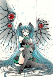 Rule 34 | 1girl, bad id, bad pixiv id, blue hair, breasts, dragoon, hatsune miku, highres, long hair, moonsorrow, sitting, small breasts, solo, thighhighs, twintails, very long hair, vocaloid, wings