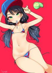 Rule 34 | 1girl, arm behind head, armpits, bare shoulders, bikini, black hair, breasts, ear piercing, food, green eyes, green nails, groin, hat, highres, ice cream, jewelry, long hair, looking at viewer, low twintails, micro bikini, mojarin (kihara mojarin), mole, mole on breast, mole under mouth, nail polish, navel, necklace, original, piercing, red background, simple background, small breasts, solo, spoon, swimsuit, twintails