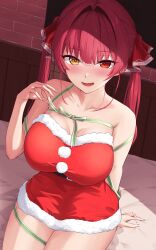 1girl absurdres arm_behind_back blush breasts collarbone dress green_ribbon hair_intakes heterochromia highres hololive houshou_marine ilie_ilie indoors large_breasts long_hair looking_at_viewer lower_teeth_only on_bed open_mouth red_dress red_eyes red_hair ribbon santa_dress sitting smile solo teeth tongue twintails untying virtual_youtuber yellow_eyes