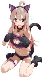 Rule 34 | 1girl, ahoge, alternate breast size, animal ears, animal hands, bare shoulders, bell, black bra, black panties, blush, bra, breasts, bright pupils, brown eyes, cat cutout, cat ears, cat lingerie, choker, cleavage cutout, clothing cutout, collarbone, colored inner hair, commentary, double-parted bangs, embarrassed, fake animal ears, fake tail, flying sweatdrops, genderswap, genderswap (mtf), gloves, hair between eyes, hands up, highres, light brown hair, long hair, looking at viewer, medium breasts, meme attire, multicolored hair, navel, neck bell, onii-chan wa oshimai!, open mouth, oyama mahiro, panties, paw gloves, paw shoes, pink hair, red choker, simple background, sitting, solo, stomach, sweat, tail, thigh strap, two-tone hair, underwear, ushiwaka, wariza, wavy mouth, white background, white pupils