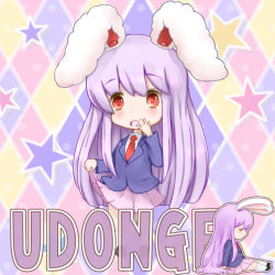 Rule 34 | 1girl, animal ears, arms up, blazer, blush, character name, chibi, closed eyes, clothes lift, clothes pull, dress shirt, hand to own mouth, jacket, kneehighs, long hair, long sleeves, necktie, on floor, open mouth, purple hair, rabbit ears, red eyes, red necktie, reisen udongein inaba, shirt, shoes, sitting, skirt, skirt lift, skirt pull, sleeping, socks, solo, star (symbol), touhou, very long hair, white shirt, white socks