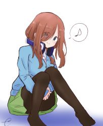 Rule 34 | 1girl, blue cardigan, blush, brown hair, brown pantyhose, cardigan, closed mouth, commentary request, dress shirt, eighth note, eyes visible through hair, go-toubun no hanayome, green skirt, hair over one eye, head tilt, headphones, headphones around neck, highres, hugging own legs, kujou karasuma, long hair, long sleeves, musical note, nakano miku, no shoes, pantyhose, pleated skirt, shirt, signature, skirt, sleeves past wrists, smile, solo, spoken musical note, white shirt