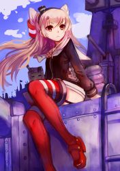 Rule 34 | &gt;:&lt;, 10s, 1girl, :&lt;, amatsukaze (kancolle), brown eyes, closed mouth, fang, fangs, garter straps, hair tubes, hairband, highres, kantai collection, long hair, looking at viewer, machinery, military, military vehicle, rensouhou-kun, ryuuno6, school uniform, serafuku, ship, silver hair, sitting, striped clothes, striped legwear, striped thighhighs, thighhighs, turret, two side up, v-shaped eyebrows, warship, watercraft, wind