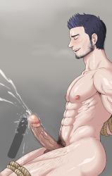 Rule 34 | 1boy, abs, bara, cum, cum on body, looking at viewer, male focus, muscular, naughty face, nipples, nude, original, pectorals, penis, restrained, saliva, sex toy, sweat, tagme, testicles, toto (artist), uncensored