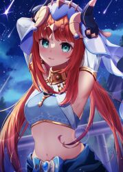 1girl absurdres aqua_eyes armpits arms_up blue_gemstone blue_skirt blush circlet commentary_request crop_top detached_sleeves fake_horns gem genshin_impact headdress highres horns long_hair looking_at_viewer mattsi_hbkk midriff navel new_moon night night_sky nilou_(genshin_impact) outdoors parted_lips partial_commentary red_hair shooting_star skirt sky smile solo star_(sky) starry_sky stomach upper_body very_long_hair white_veil