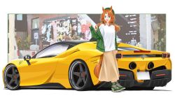 Rule 34 | 1girl, :d, absurdres, alternate costume, animal ears, aqua eyes, arm at side, beret, blurry, blurry background, breasts, car, casual, coat, commentary request, curtained hair, dot nose, ferrari, ferrari sf90 stradale, floating hair, full body, green coat, green footwear, hair between eyes, hair tie, hand up, hat, highres, horse ears, horse girl, horse tail, logo, long hair, long skirt, long sleeves, looking at viewer, low-tied long hair, medium breasts, medium eyebrows, mejiro palmer (umamusume), mixed-language commentary, motor vehicle, no legwear, off shoulder, open mouth, orange fur, orange hair, orange tail, outdoors, outside border, shirt, shoelaces, shoes, short sleeves, side-view mirror, silenxe, skirt, smile, sneakers, solo, sports car, standing, t-shirt, tail, toes up, umamusume, waving, wavy hair, white shirt, yellow car, yellow skirt