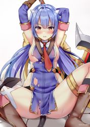 Rule 34 | 1girl, ahoge, areola slip, armpits, arms up, artist name, ass, axe, blue dress, blue hair, blush, boots, bow, breasts, brown footwear, brown gloves, clothing cutout, dress, elbow gloves, epic seven, gloves, hair bow, holding, holding weapon, horns, kaetzchen, knee boots, long hair, looking at viewer, necktie, pelvic curtain, ravi (epic seven), red eyes, red necktie, side cutout, sideboob, simple background, single thighhigh, sitting, skindentation, small breasts, solo, tail, thigh strap, thighhighs, thighs, torn clothes, very long hair, weapon, white thighhighs, yellow bow
