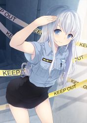 Rule 34 | 1girl, arm behind back, arm up, armpit peek, black skirt, blue eyes, blue hair, blush, breast pocket, buttons, cait aron, caution tape, closed mouth, cowboy shot, cuffs, handcuffs, highres, holding, keep out, kuuki shoujo, leaning forward, long hair, matching hair/eyes, official art, pen, pocket, police, police uniform, policewoman, salute, skirt, smile, solo, stairs, standing, star (symbol), straight hair, the personfication of atmosphere, the personification of atmosphere, uniform, whistle
