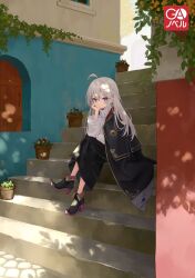 Rule 34 | 1girl, absurdres, ahoge, arm support, azuuru, black cape, black dress, black footwear, braid, cape, closed mouth, cover, cover image, crossed legs, dress, elaina (majo no tabitabi), full body, grey hair, high heels, highres, long hair, looking at viewer, majo no tabitabi, novel illustration, official art, outdoors, purple eyes, shirt, sitting, sitting on stairs, solo, stairs, sunlight, white shirt